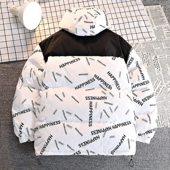 Men's Printed Padded Hooded Jacket with Contrasting Shoulder Yoke and Drawstring Mune Fashion
