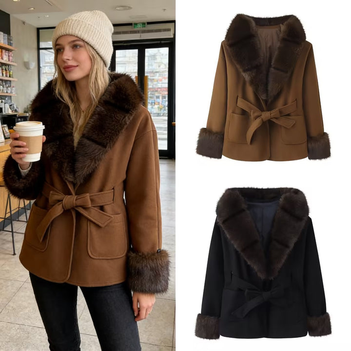 Women's Short Wool Blend Coat with Faux Fur Collar, Waist Belt and Patch Pockets Mune Fashion