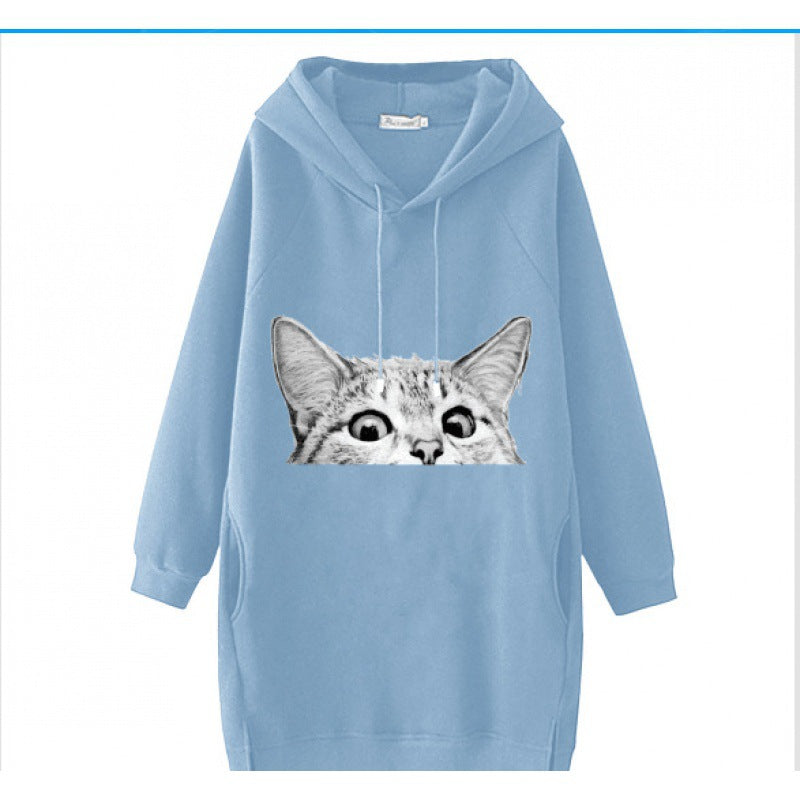 Ladies Oversize Hooded Dress made of Sweat Fabric with Large Cat Print and Side Pockets Mune Fashion