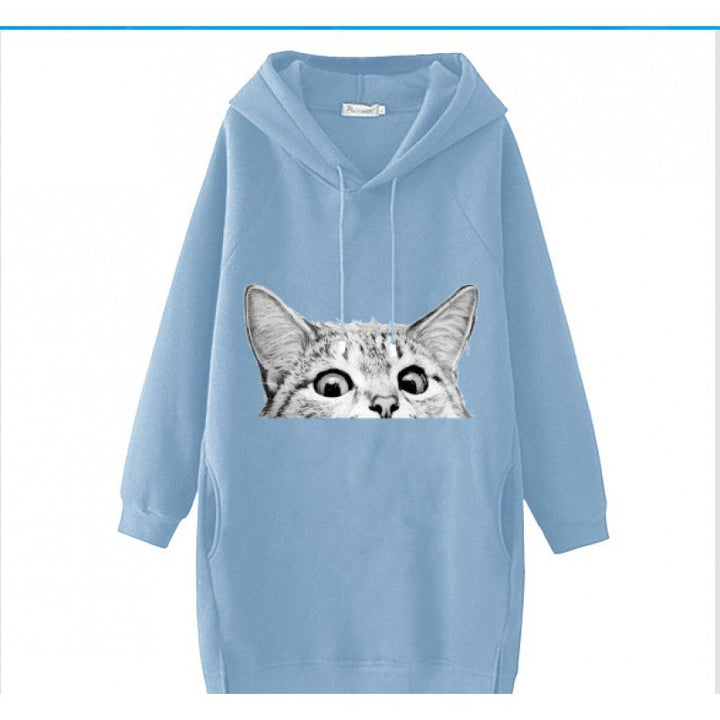 Ladies Oversize Hooded Dress made of Sweat Fabric with Large Cat Print and Side Pockets Mune Fashion