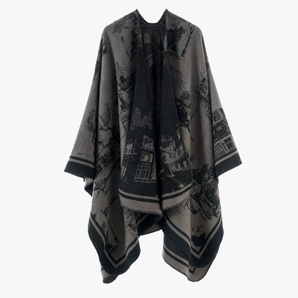 Women's Jacquard Cape Poncho with iconic city Jacquard and open oversized fall Mune Fashion