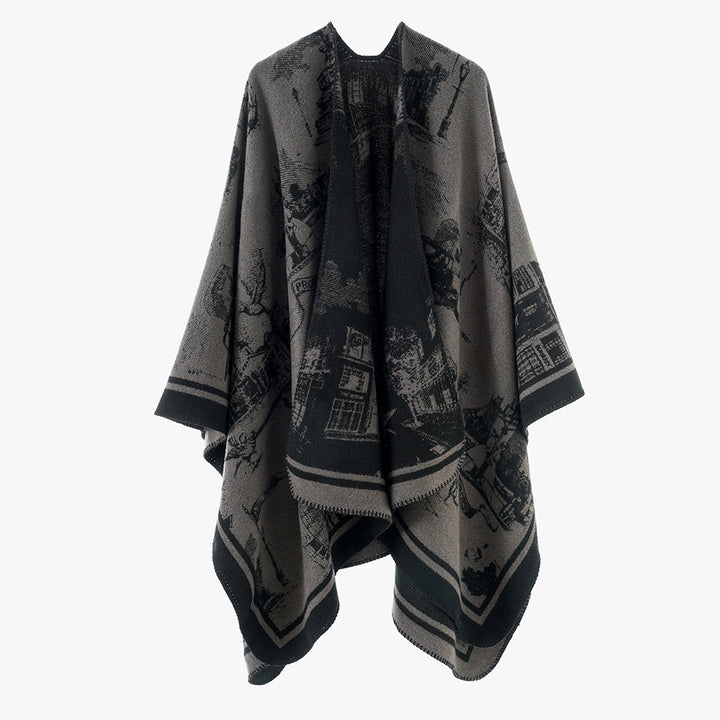 Women's Jacquard Cape Poncho with iconic city Jacquard and open oversized fall Mune Fashion