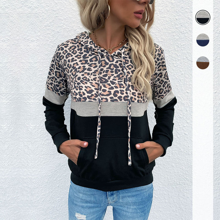 Women's hoodie with leopard print, color block insert and kangaroo pocket Mune Fashion