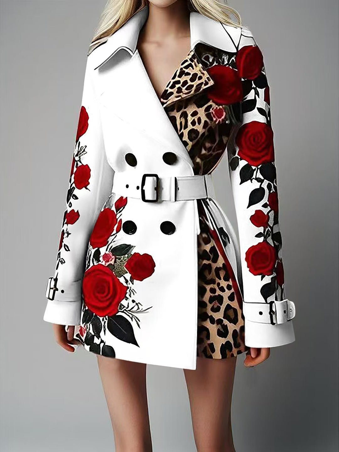 Women Tailored Trench Coat with Rose Print and Leopard Lining Mune Fashion