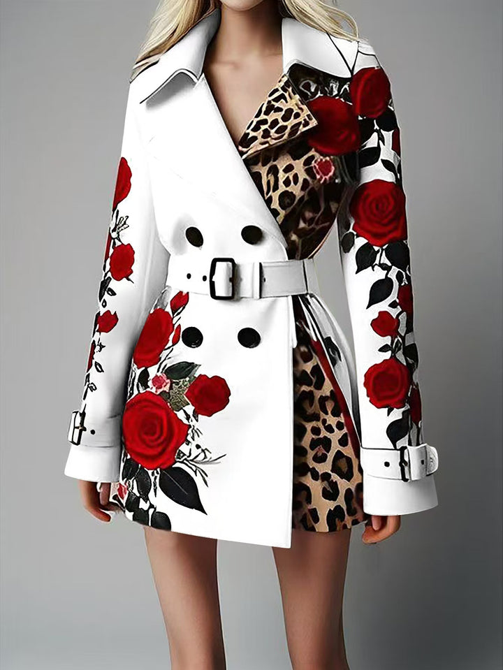 Women Tailored Trench Coat with Rose Print and Leopard Lining Mune Fashion