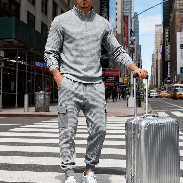 Men's nan cargo jogger suit with half zipper, structured waffle knit look and elastic waistband Mune Fashion