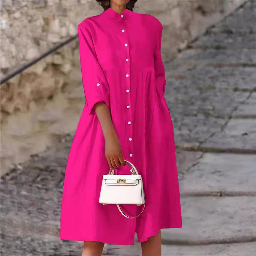 Women's Oversize Midi Dress in Linen Look with Standing Collar, Button Placket and Side Pockets Mune Fashion