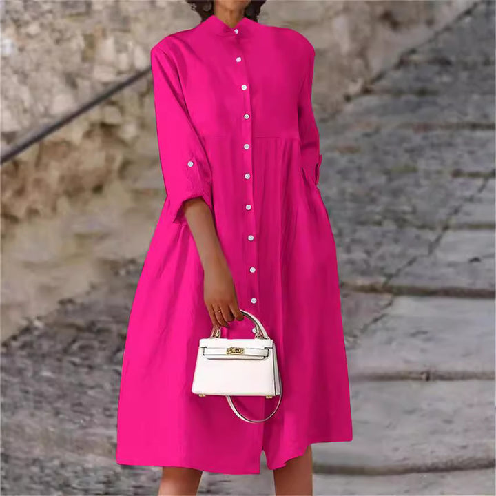 Women's Oversize Midi Dress in Linen Look with Standing Collar, Button Placket and Side Pockets Mune Fashion