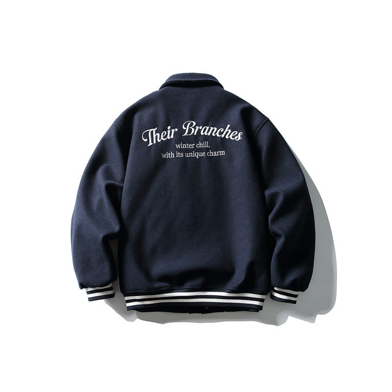 Men's Boxy College Blouson Jacket made of wool blend with snap button closure and striped ribbed cuffs Mune Fashion