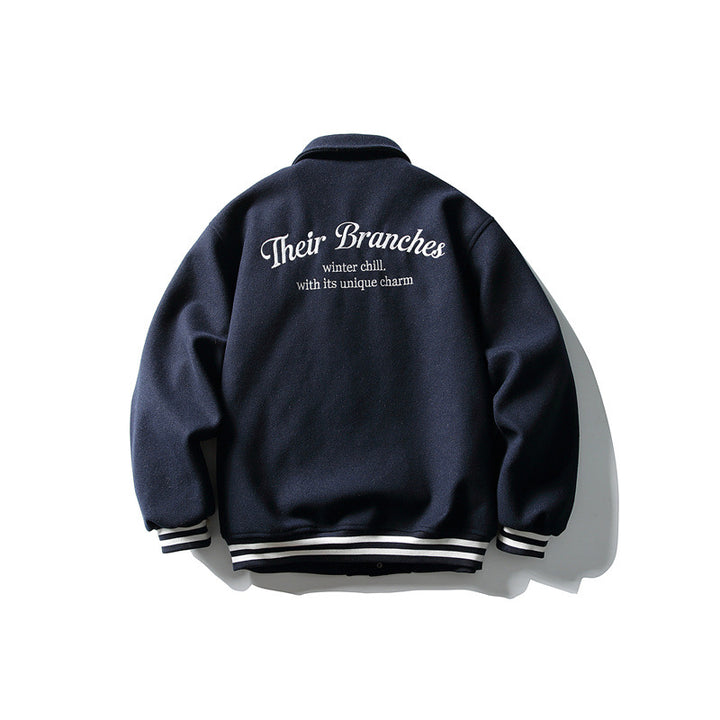 Men's Boxy College Blouson Jacket made of wool blend with snap button closure and striped ribbed cuffs Mune Fashion
