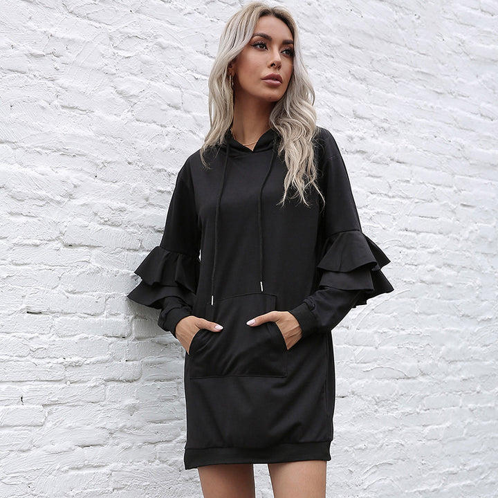 Women Oversize Hooded Dress with Two-Tier Ruffled Sleeves and Side Pocket Mune Fashion