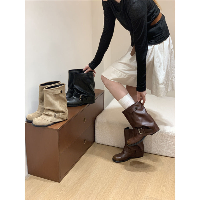 Women's Slouchy Biker Ankle Boots with Adjustable Buckle Strap and Round Toe Shape Mune Fashion