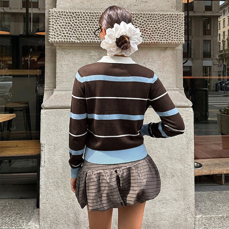 Women's Stylish Knit Sweater with Collar Mune Fashion