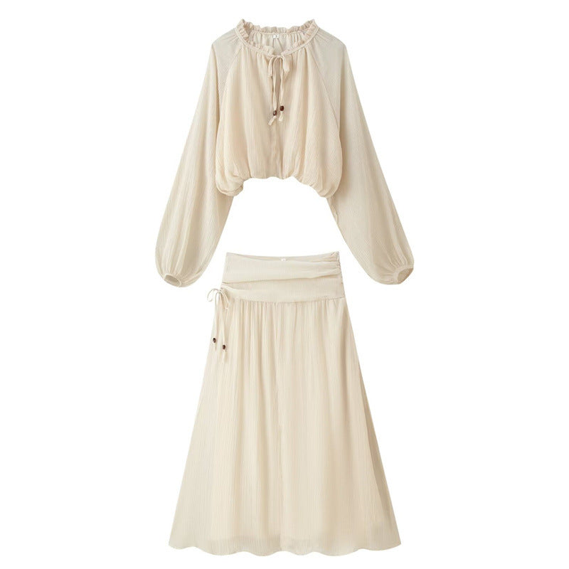 Women's Two-Piece Boho Set with Cropped Ruffle Blouse, Balloon Sleeves and High-Waisted Maxi Skirt Mune Fashion