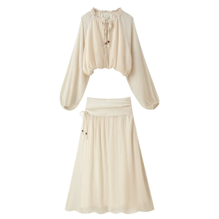Women's Two-Piece Boho Set with Cropped Ruffle Blouse, Balloon Sleeves and High-Waisted Maxi Skirt Mune Fashion