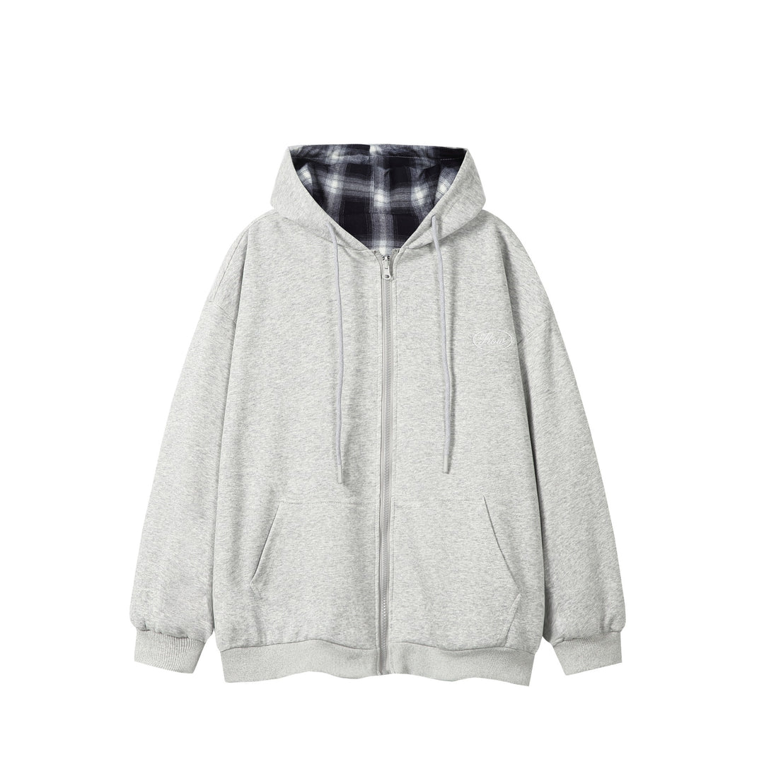 Unisex Oversize Hoodie Zipper Jacket with Checkered Hood Lining and Kangaroo Pockets Mune Fashion