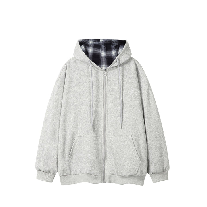 Unisex Oversize Hoodie Zipper Jacket with Checkered Hood Lining and Kangaroo Pockets Mune Fashion