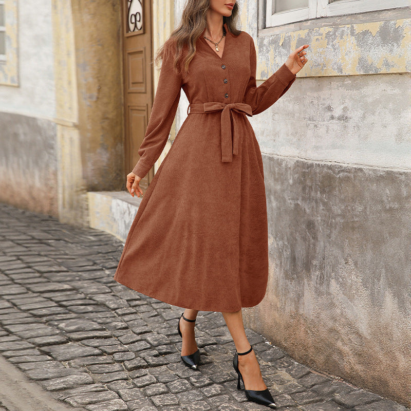 Women Midi Dress A-Line with V-Neck, Button Placket, Three-Quarter Sleeves and Waistband Mune Fashion