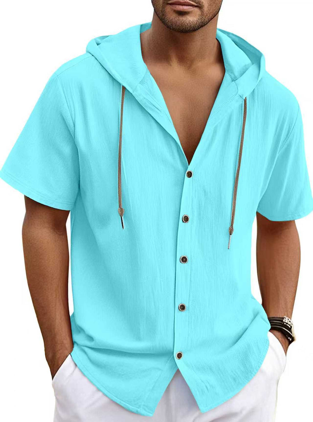 Men's short-sleeved hooded shirt with button placket, drawstring and linen look Mune Fashion