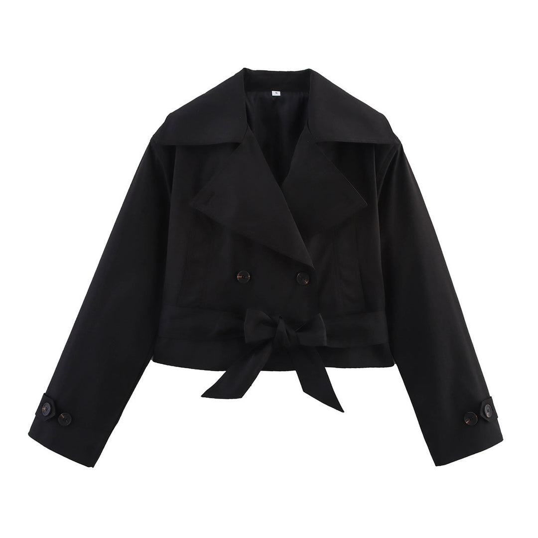 Women's Cropped Trench Coat in Boxy Cut with Wide Lapels and Tie Mune Fashion