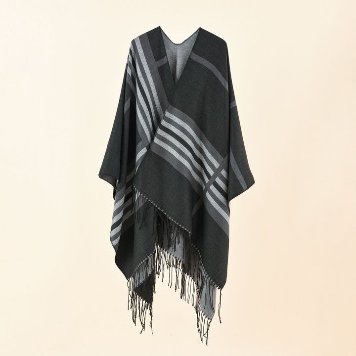 Women Kastiger Ruana Wrap with Fringes and Diagonal Stripe Jacquard Mune Fashion