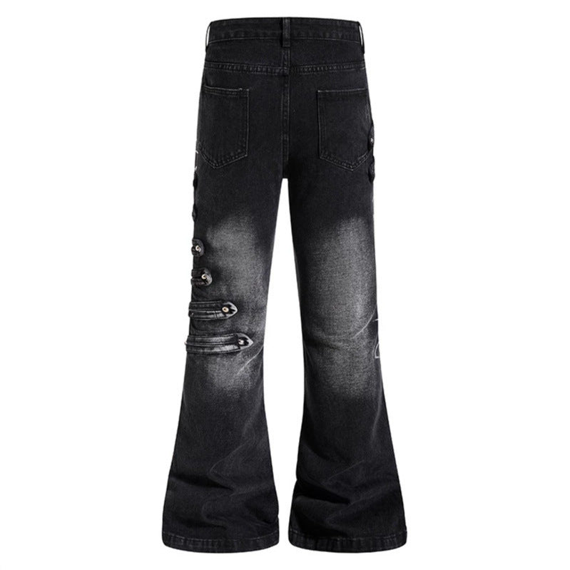 Ladies Wide Jeans Pants with Used Effect and Side Decorative Button Strips Mune Fashion