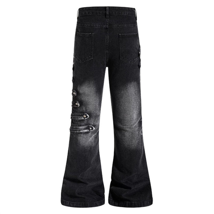 Ladies Wide Jeans Pants with Used Effect and Side Decorative Button Strips Mune Fashion