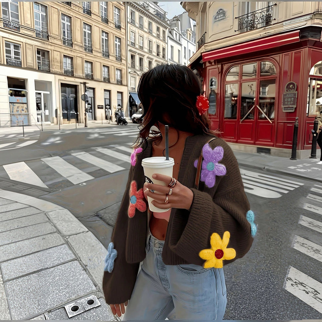 Women's Oversize Knit Cardigan with 3D Flower Appliqués Mune Fashion