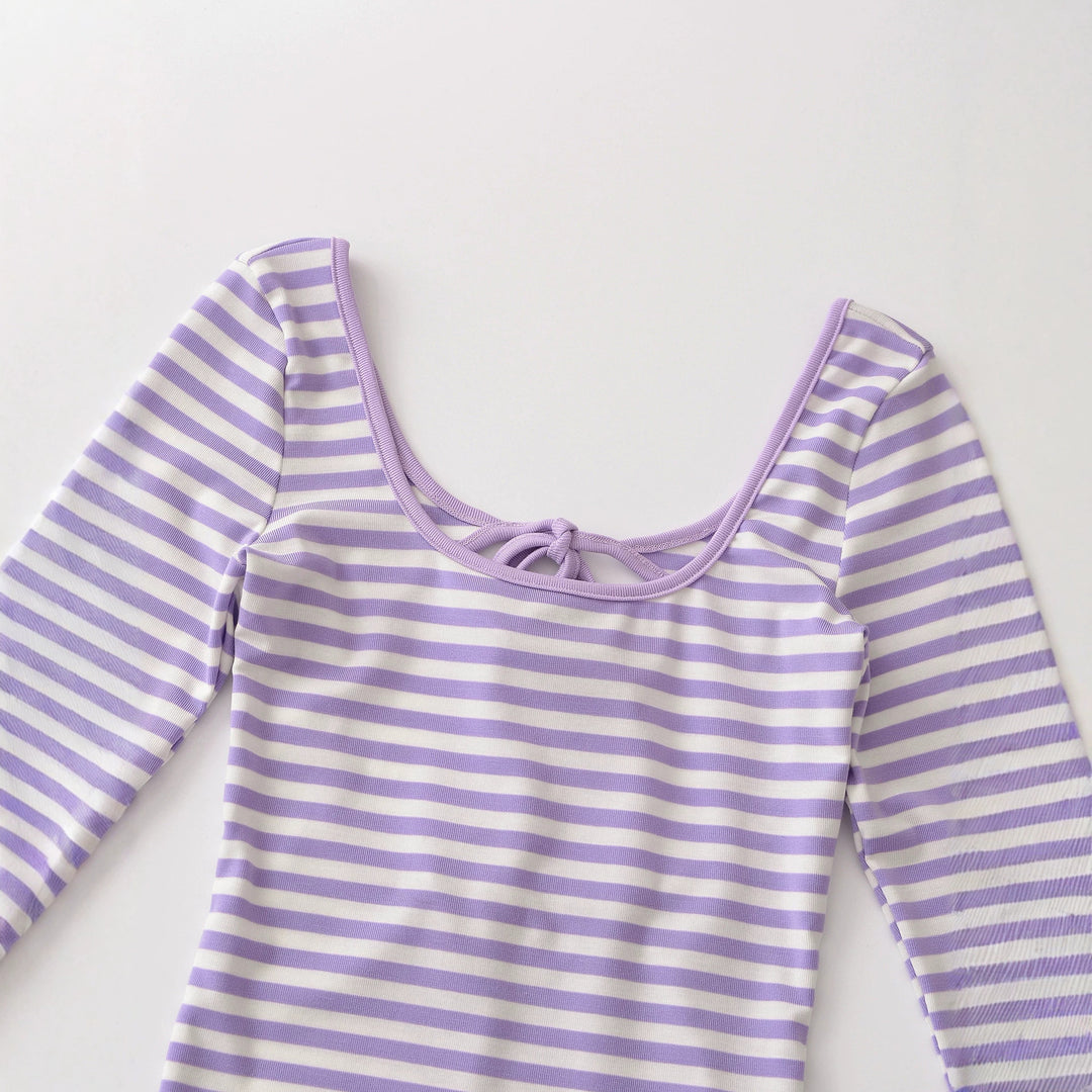 Women's striped long-sleeve shirt with deep round neckline and decorative bow tie
