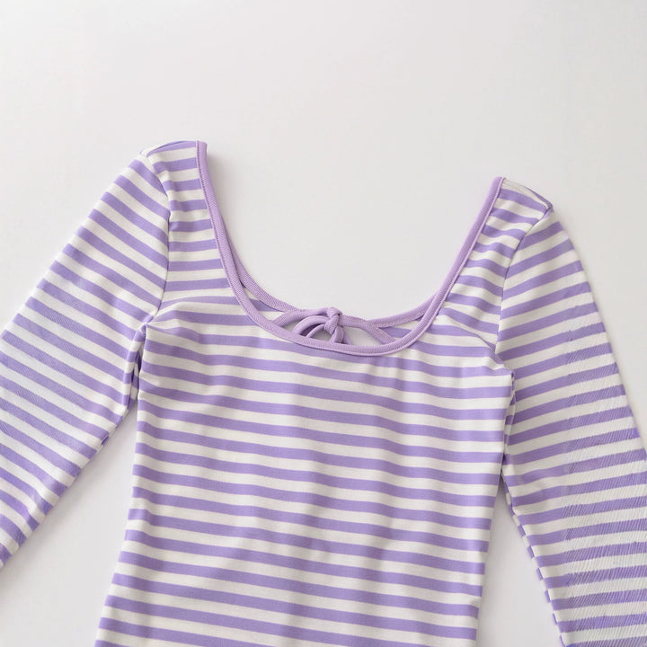 Women's striped long-sleeve shirt with deep round neckline and decorative bow tie