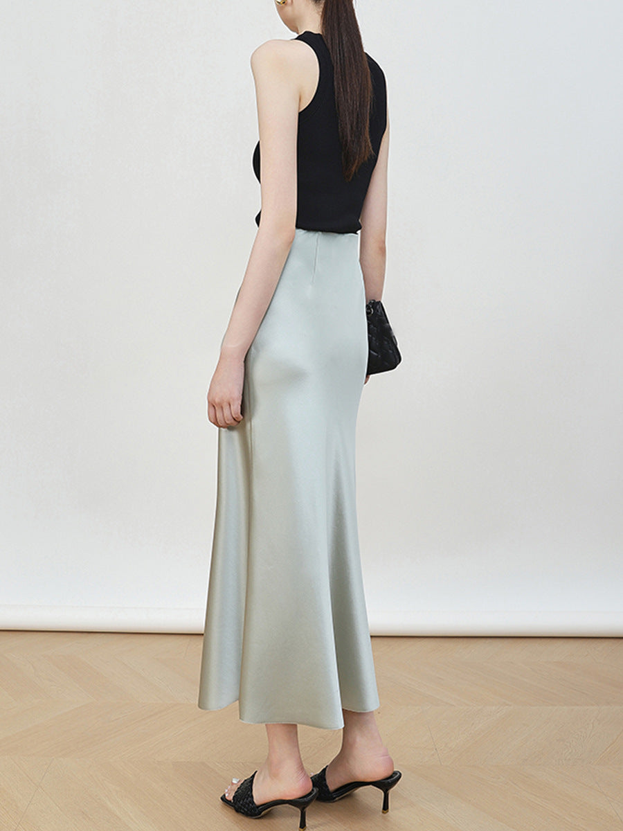 Women's Elegant High-Waisted Satin Midi Skirt Mune Fashion
