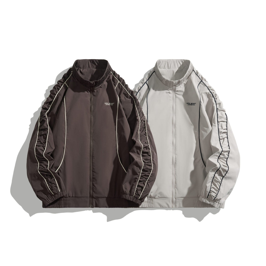 Women's Lightweight Bomber Jacket with Gathered Sleeves and Contrast Piping Mune Fashion