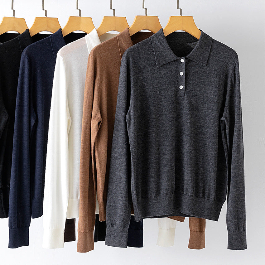 Ladies Fine Long Sleeve Polo Sweater made of Fine Knit with Button Placket Mune Fashion