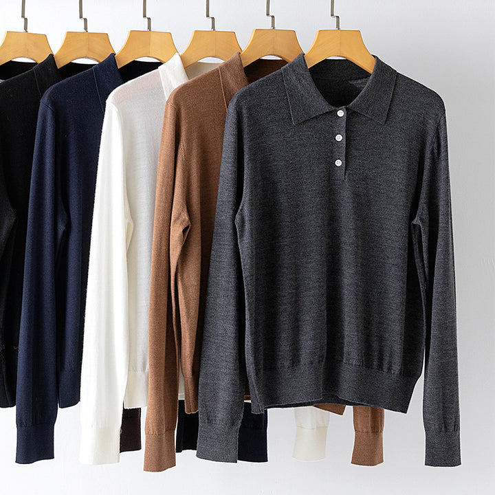 Ladies Fine Long Sleeve Polo Sweater made of Fine Knit with Button Placket Mune Fashion