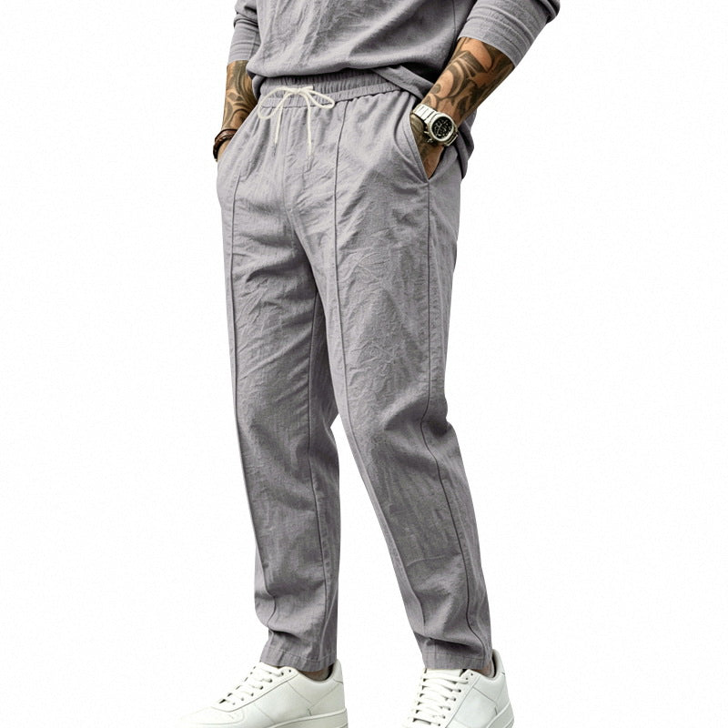 Men's tapered casual chino pants with elastic drawstring waistband, decorative crease and side pockets Mune Fashion
