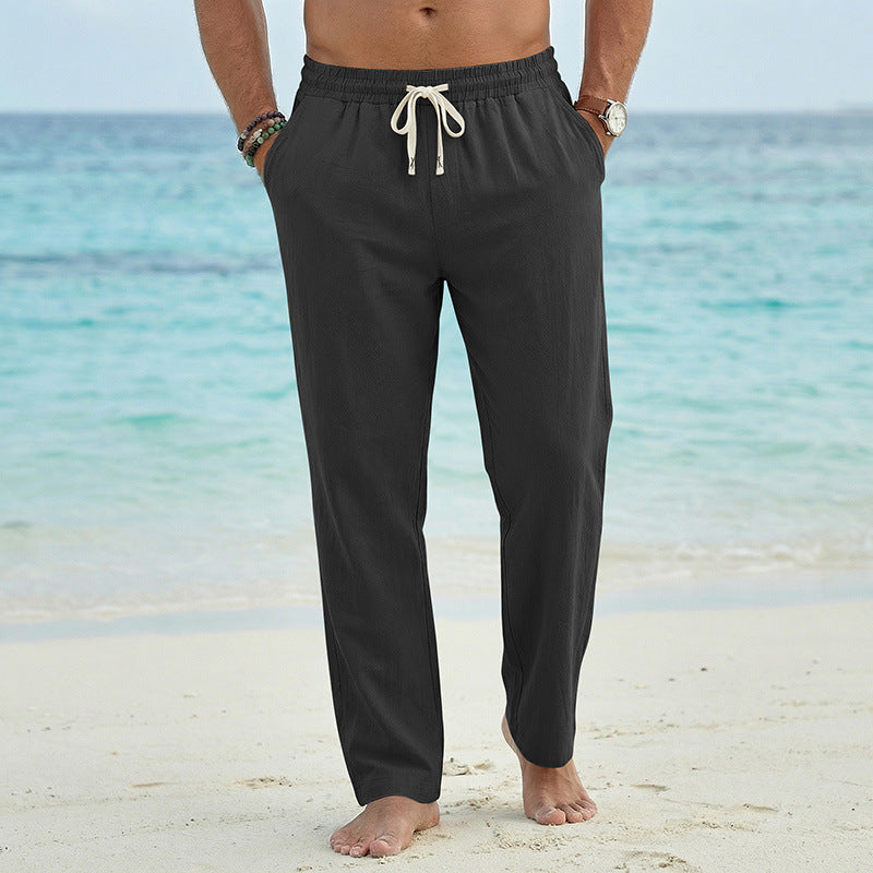 Men's Linen Look Relaxed Pants with Elastic Waistband, Drawstring, and Side Pockets