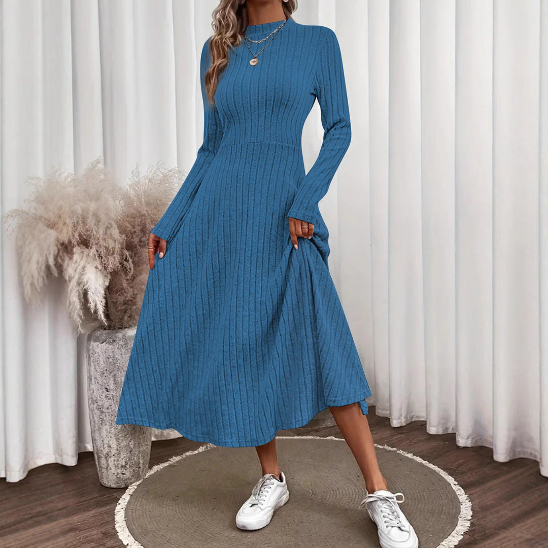 Women's Ribbed Knit Midi Dress with High Mock Neck and Tailored A-Line Shape