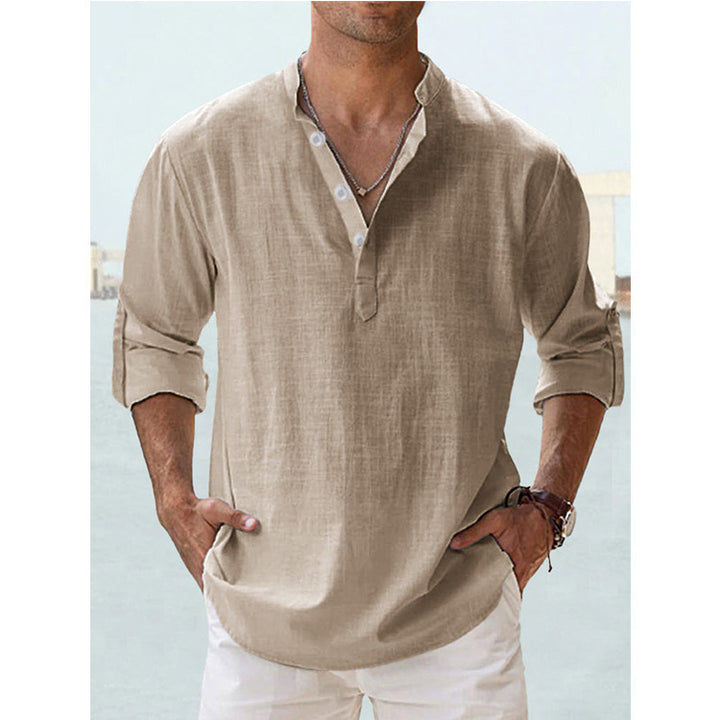 Men's nan casual linen henley shirt with stand-up collar, roll-up sleeves, and rounded hem Mune Fashion