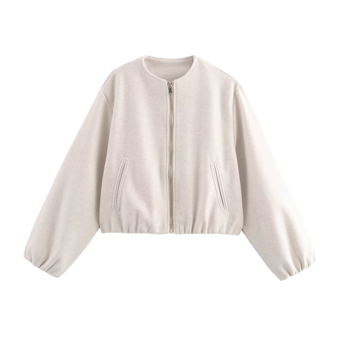 Women's Short Cropped Bomber Jacket in Velour Suede Look with Round Neckline, Zipper and Balloon Sleeves Mune Fashion