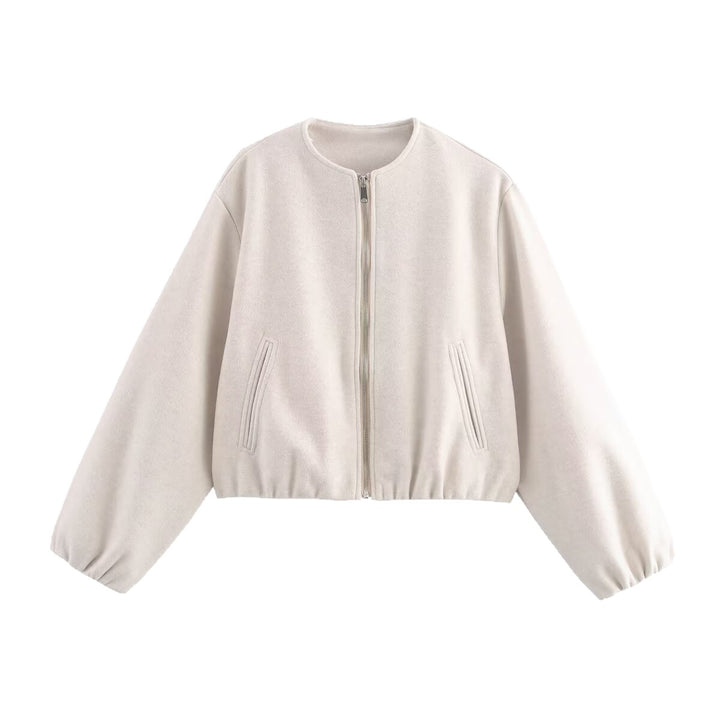 Women's Short Cropped Bomber Jacket in Velour Suede Look with Round Neckline, Zipper and Balloon Sleeves Mune Fashion