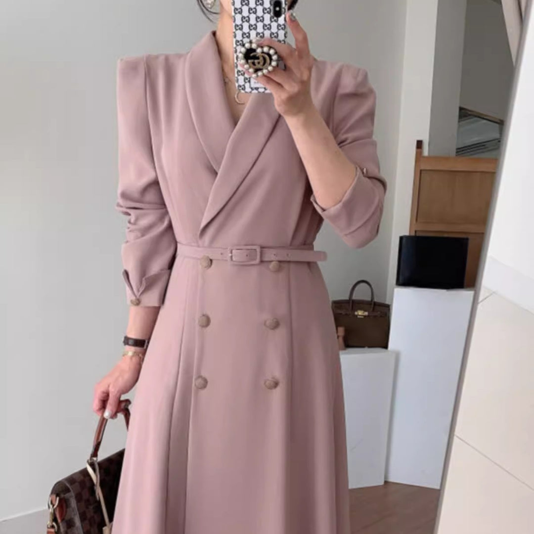 Women Double-Breasted Maxi Coat Dress with Waist Belt and Emphasized Shoulders Mune Fashion