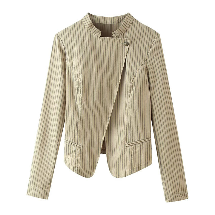 Women Asymmetrical Pinstripe Blazer Jacket with Stand Collar and Overlapping Front Mune Fashion