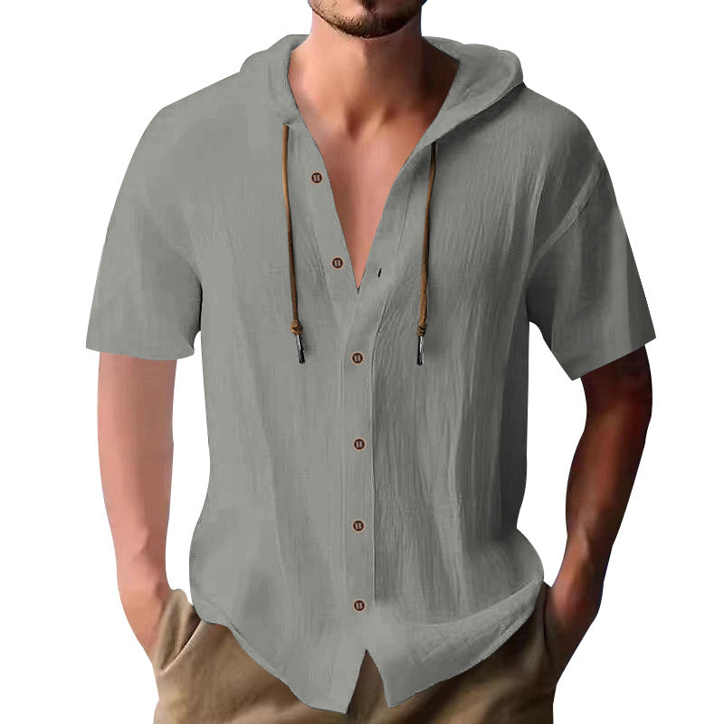 Men's lightweight short-sleeve hooded shirt with button placket and breathable cotton blend Mune Fashion