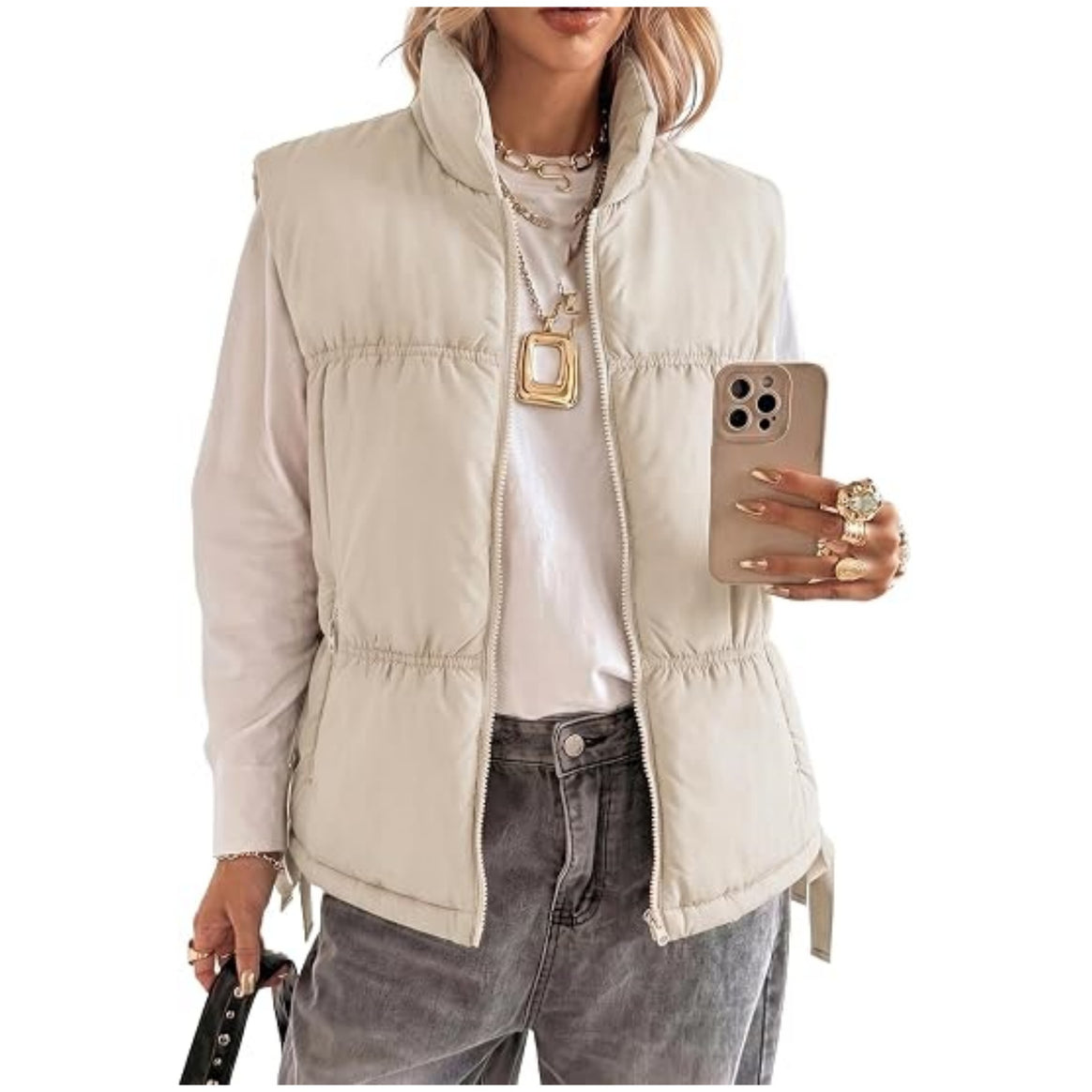 Women’s Padded Sleeveless Vest with Stand-Up Collar and Drawstring Mune Fashion