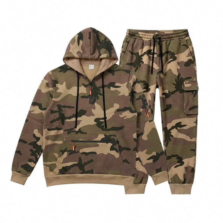 Men's Camouflage Hoodie Sweatshirt and Jogging Pants Set with Cargo Pockets and Zippers Mune Fashion