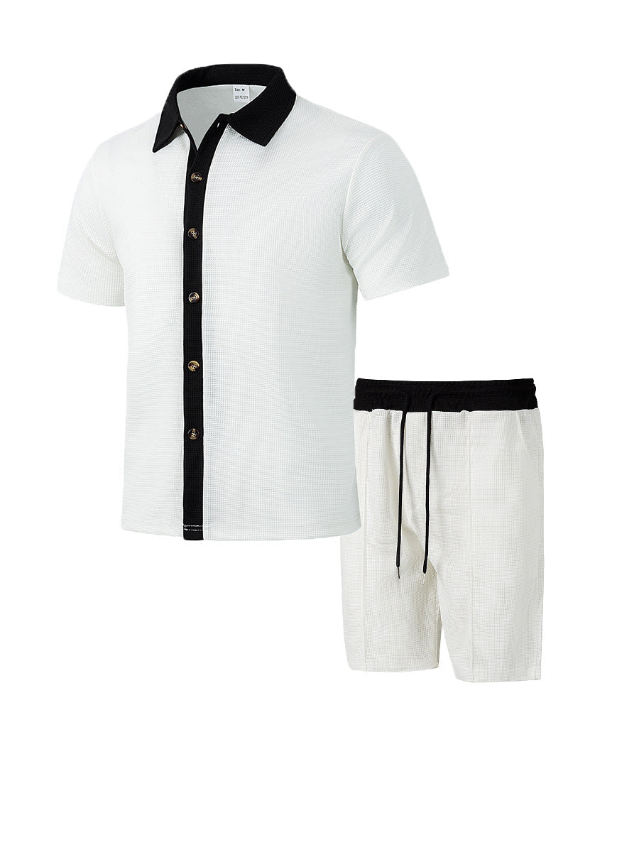 Men's modern leisure set made of fine textured jersey with shirt collar button placket and drawstring shorts Mune Fashion