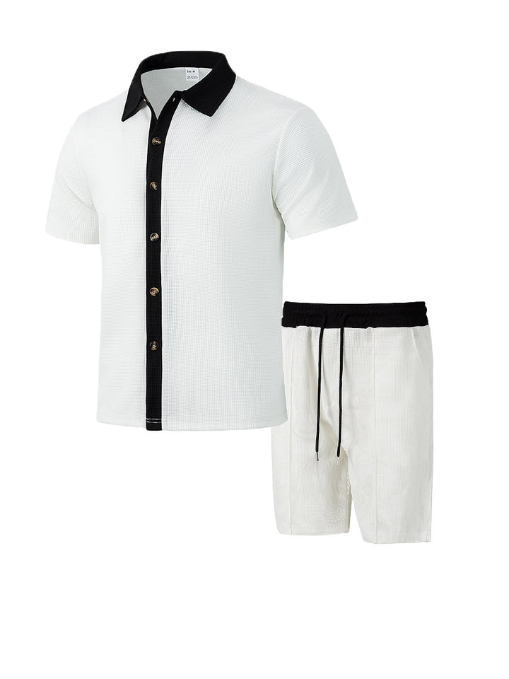 Men's modern leisure set made of fine textured jersey with shirt collar button placket and drawstring shorts Mune Fashion