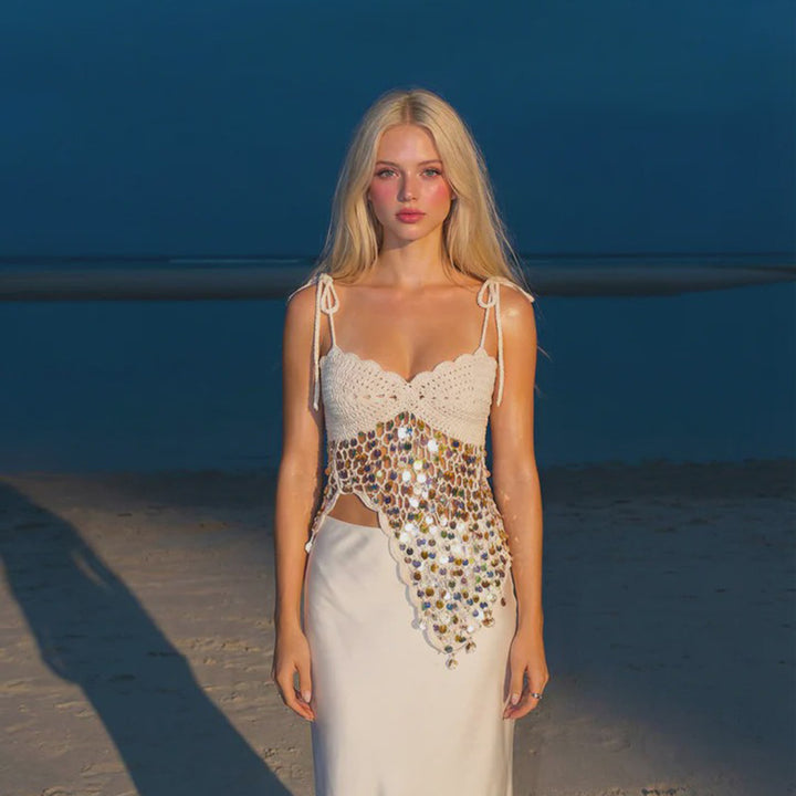 Ladies crocheted top with shimmering embellishments Mune Fashion