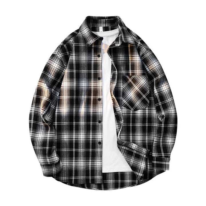 Men's checkered oversized flannel shirt with patch pocket, round hem, and buttoned front Mune Fashion