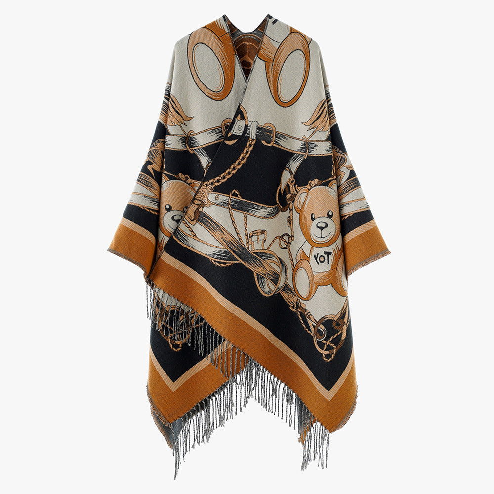 Women's Jacquard-Cape Poncho with Teddy Motif, Oversized Silhouette and Fringe Hem Mune Fashion